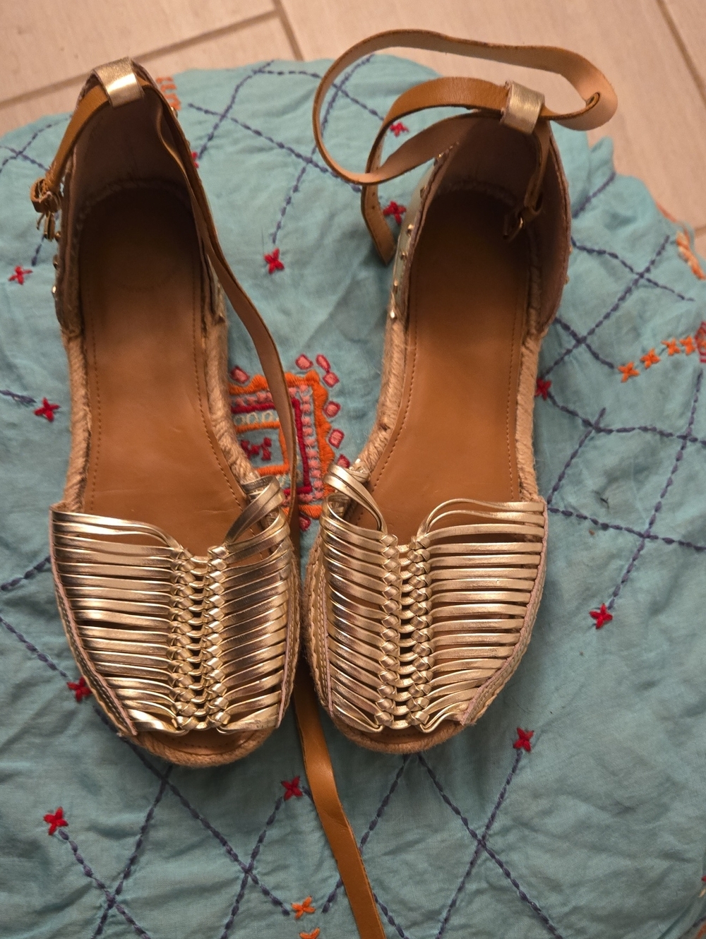 Gold Woven Ankle-Strap Women's Sandals